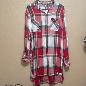 Cato Red White Green Plaid Long Sleeve Button-Up Tunic